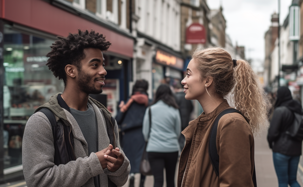 A guy and a girl talking on the street