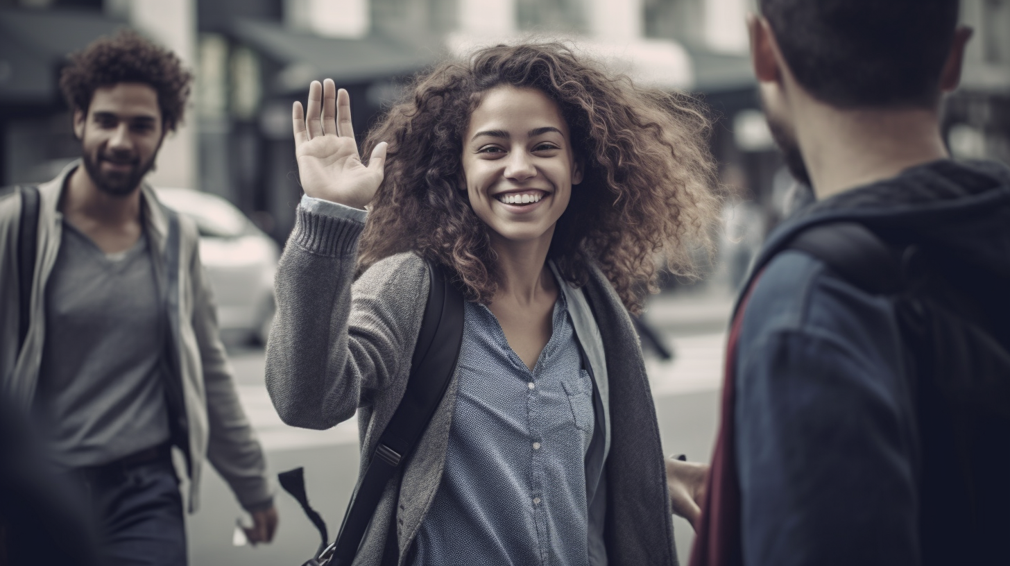 The girl gestures goodbye to her friends