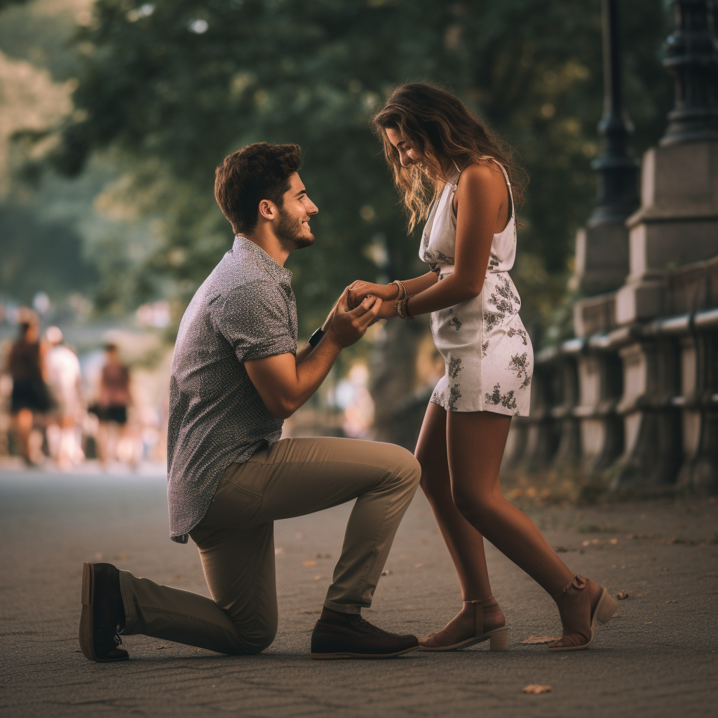 A guy proposes to a girl and stands on one knee