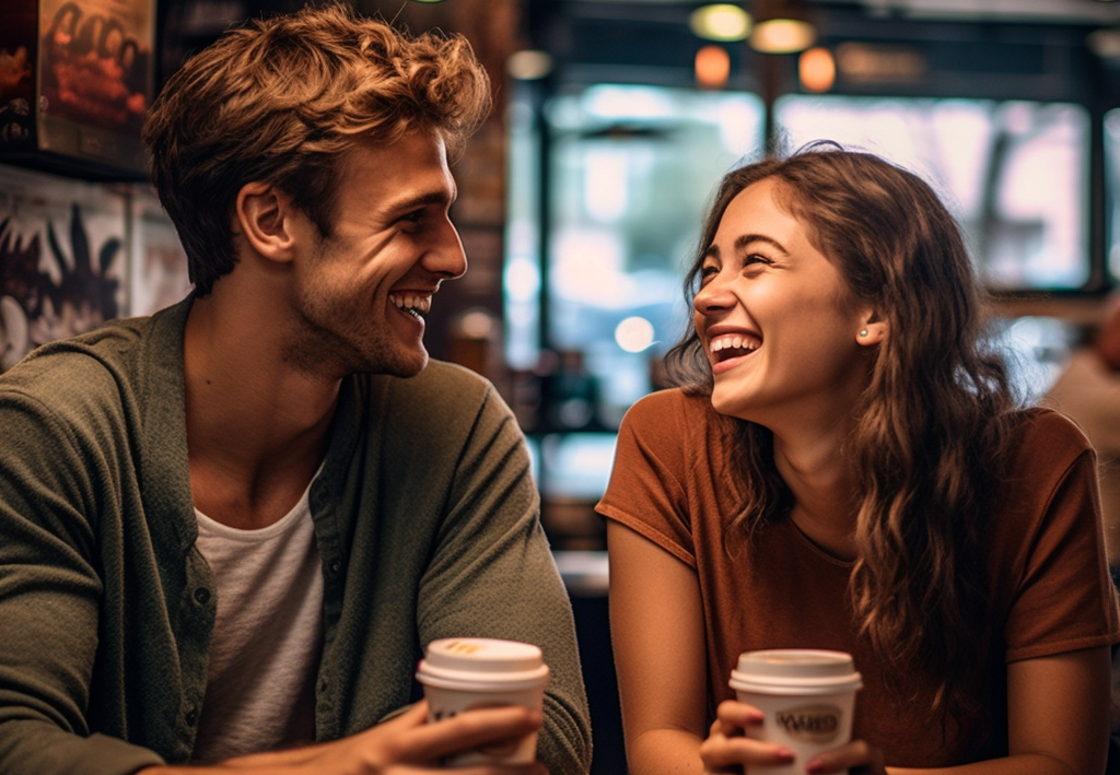 A girl and a guy drinking coffee in a cafe