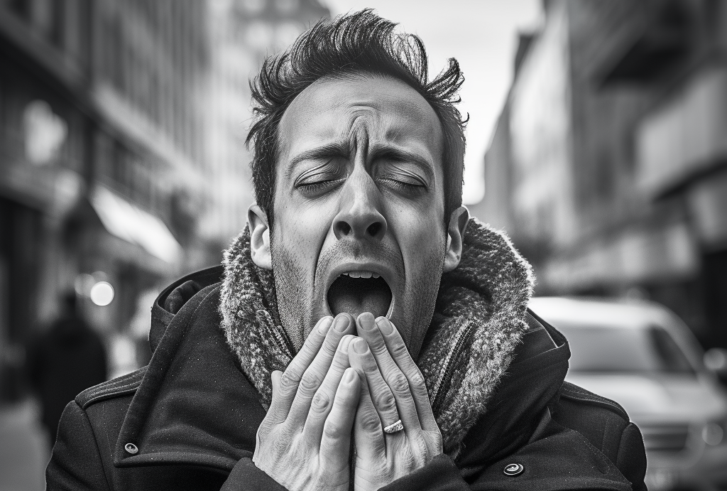 A man sneezes in the middle of the street